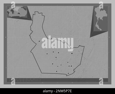 Nonthaburi, province of Thailand. Grayscale elevation map with lakes and rivers. Locations of major cities of the region. Corner auxiliary location ma Stock Photo