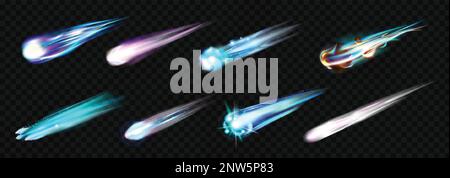 Realistic meteor set with isolated and colorful space wanderer icons with neon colors on transparent background vector illustration Stock Vector
