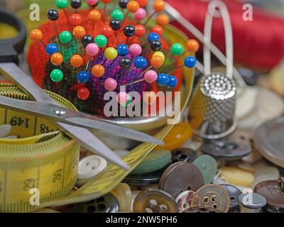 Various sewing utensils in close-up Stock Photo