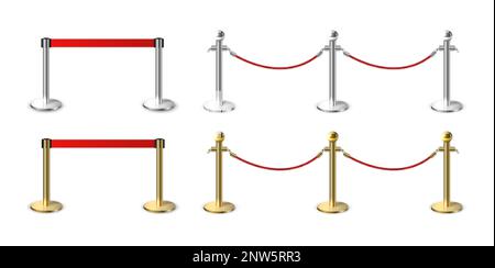 Metal barrier fence with ribbon realistic set of isolated images with golden and silver posts strings vector illustration Stock Vector