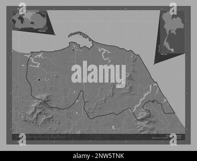 Pattani, province of Thailand. Bilevel elevation map with lakes and rivers. Locations and names of major cities of the region. Corner auxiliary locati Stock Photo