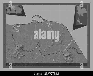 Pattani, province of Thailand. Bilevel elevation map with lakes and rivers. Corner auxiliary location maps Stock Photo