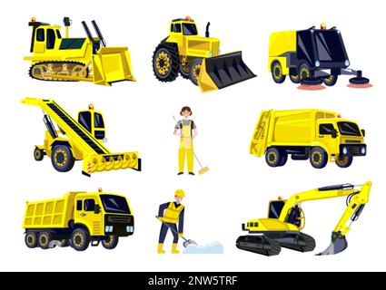 Municipal service road cleaning transport flat set with isolated icons of yellow colored vehicles and people vector illustration Stock Vector