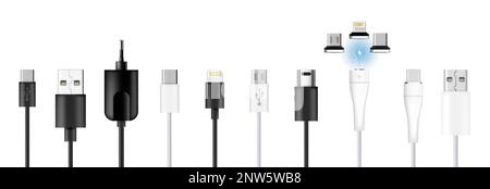 Mobile phone smartphone charging cables set with isolated icons of various power plugs of different vendors vector illustration Stock Vector