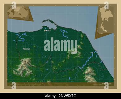 Pattani, province of Thailand. Colored elevation map with lakes and rivers. Locations and names of major cities of the region. Corner auxiliary locati Stock Photo