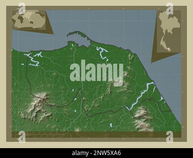 Pattani, province of Thailand. Elevation map colored in wiki style with lakes and rivers. Corner auxiliary location maps Stock Photo