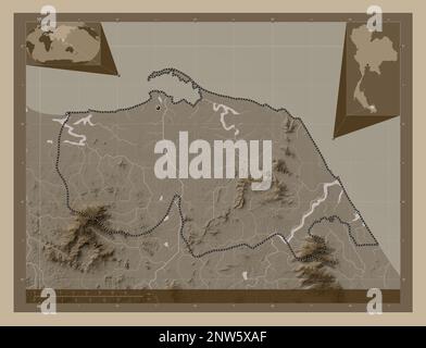 Pattani, province of Thailand. Elevation map colored in sepia tones with lakes and rivers. Corner auxiliary location maps Stock Photo