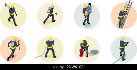 Isometric round firefighter composition set firefighters walks with an axe carries a rescued person in his arms climbs a ladder puts out a fire vector Stock Vector