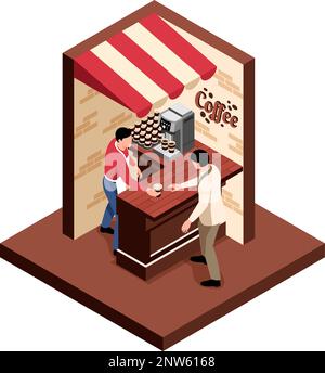 Isometric coffee shop concept small part of the kiosk with two walls and coffee buyer standing behind the counter vector illustration Stock Vector