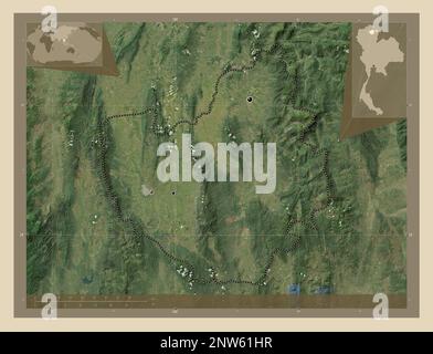 Phayao, province of Thailand. High resolution satellite map. Locations of major cities of the region. Corner auxiliary location maps Stock Photo