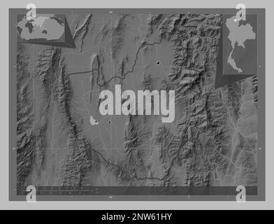 Phayao, province of Thailand. Grayscale elevation map with lakes and rivers. Locations of major cities of the region. Corner auxiliary location maps Stock Photo