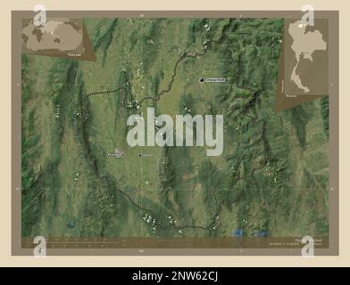 Phayao, province of Thailand. High resolution satellite map. Locations and names of major cities of the region. Corner auxiliary location maps Stock Photo