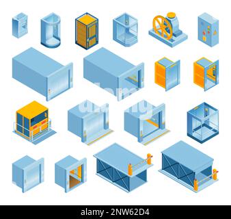 Set with isometric elevator icons with isolated images of elevator cabs and machinery on blank background vector illustration Stock Vector