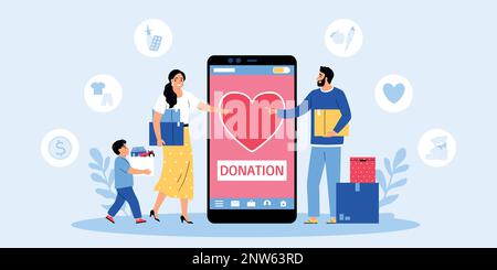 Flat charity concept with people holding boxes making donations online vector illustration Stock Vector