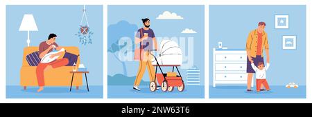 Fathers spending time with baby flat compositions set with young dads feeding and walking with little kids isolated vector illustration Stock Vector