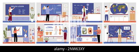 School teachers teaching various subjects in classroom flat set of compositions isolated vector illustration Stock Vector