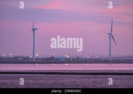 Wind turbines at Sheerness on the Isle of Sheppy Kent from Grain Kent Stock Photo