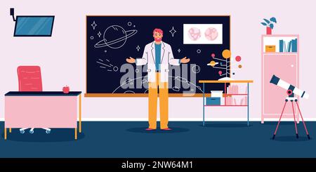 Male astronomy school teacher in front of blackboard in modern classroom with telescope tv and solar system model flat vector illustration Stock Vector