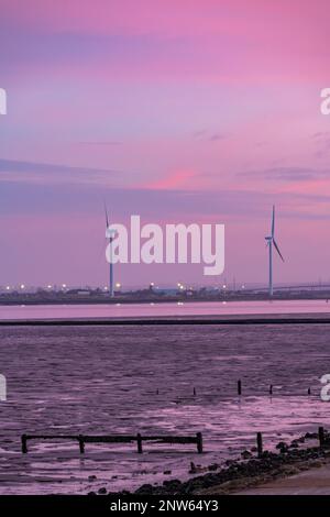 Wind turbines at Sheerness on the Isle of Sheppy Kent from Grain Kent Stock Photo