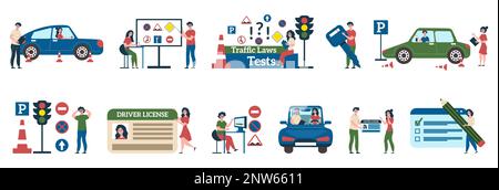 Set with isolated driving school compositions of flat human characters and images of learning to drive vector illustration Stock Vector