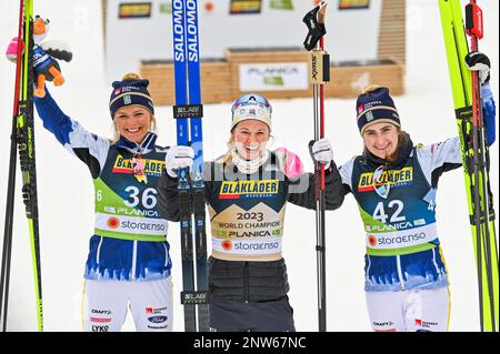 Planica, Slovenia. 28th Feb, 2023.  Medalists in  the women’s 10-K freestyle race at the 2023 FIS World Nordic Ski Championships in Planica, Slovenia.  Left , Frida Karlsson, third place; center, Jessie Diggins (USA), first place; right, Ebba Andersson, second place, both Sweden. John Lazenby/Alamy Live news Stock Photo