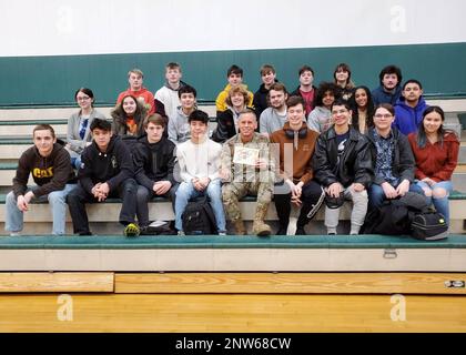 Lt. Gen. Daniel L. Karbler, commanding general, U.S. Army Space and Missile Defense Command, visits with juniors and seniors at Delta Junction High School, Delta Junction, Alaska, Feb. 1, 2023. Karbler’s visit to the school coincided with at two-day visit to nearby Fort Greely, Alaska, where he serves as the senior commander. During his visit to the school Karbler discussed possibilities of military service and the importance of education as the strong background to any future career. Stock Photo