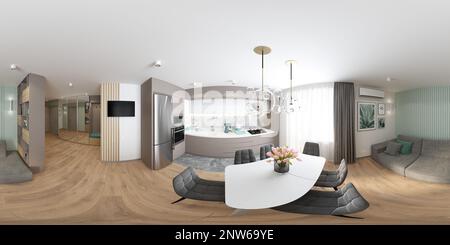 CGI panorama of the interior of the kitchen-living room in a modern style. 3D 360-degree rendering of a room in mint and cappuccino colors. Stock Photo