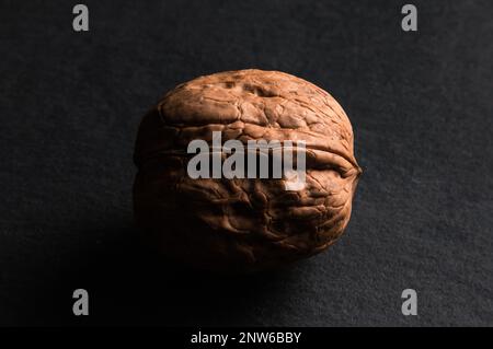 One closed walnut on black slate background Stock Photo