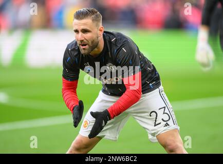 26 Feb 2023 - Manchester United v Newcastle United - Carabao Cup - Final - Wembley Stadium  Manchester United's Luke Shaw during the Carabao Cup Final. Picture : Mark Pain / Alamy Live News Stock Photo