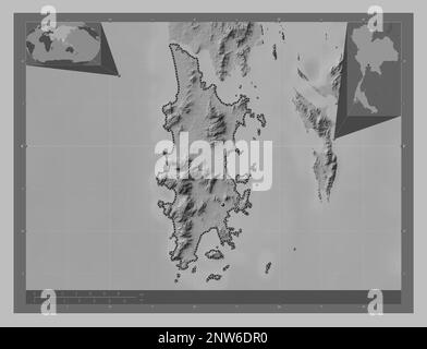 Phuket, province of Thailand. Grayscale elevation map with lakes and rivers. Corner auxiliary location maps Stock Photo