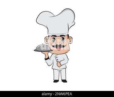 Happy Chef Holding and Serving Dish Illustration with Cartoon Style Stock Vector