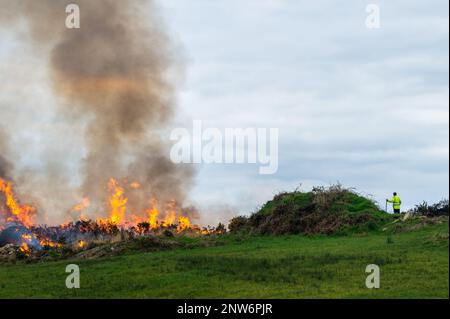 Ballylickey, West Cork, Ireland. 28th Feb, 2023. A Ballylickey farmer watches over a fire he set in order to burn gorse and vegetation. From tomorrow, it is illegal to burn vegetation until the 1st September. The burning of vegetation is controlled by the Wildlife Acts. Credit: AG News/Alamy Live News Stock Photo