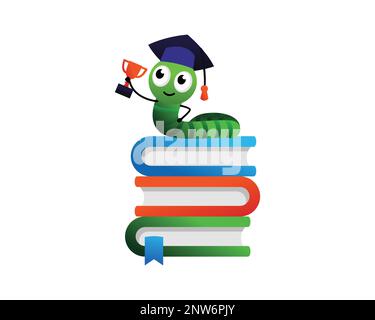 Worm Holding Trophy on the Stacks of Books as Symbolization of Bookworm or People Who Like to Read Stock Vector