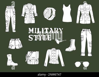 Military style woman clothes doodle set Stock Vector