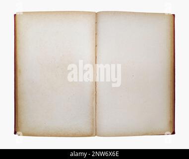 Old red book opened with copy space isolated on white background. Stock Photo