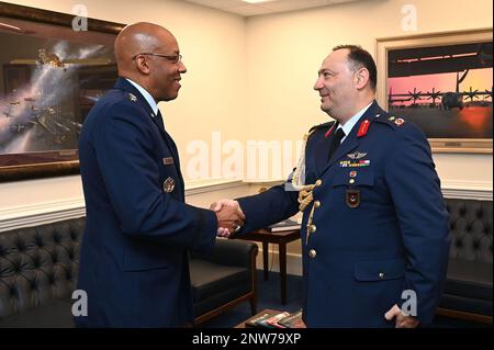 Chief of Staff of the Air Force Gen. CQ Brown, Jr., greets Turkish Defense Attache Brig. Gen. Hakan Canlie before an office call in the Pentagon, Arlington, Va., Jan 17, 2023. Stock Photo