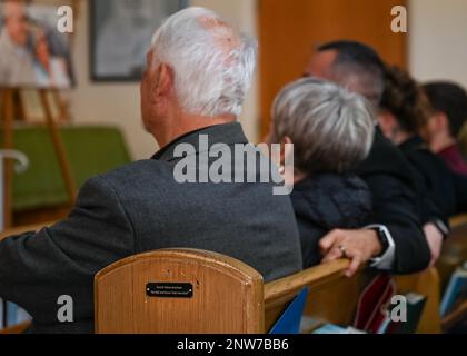 Paula Desmarasis, Chief Master Sgt. (Ret.) Paul Kerchurm’s daughter, and her husband, Ronald Desmarasis, sit in a pew during Kerchum’s funeral in Benson, Ariz., Jan. 25, 2023. Kerchum passed away Dec. 17, 2022, and was laid to rest with full military honors on, what would have been, his 103 birthday. Stock Photo