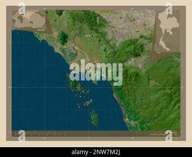 Trat, province of Thailand. High resolution satellite map. Locations and names of major cities of the region. Corner auxiliary location maps Stock Photo