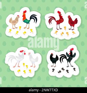 Colorful chicken families sticker pack. Vector illustration Stock Vector