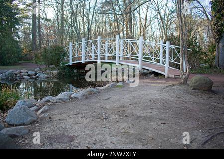 Scenic view of a small bridge crossing over a pond in Sayen Gardens, Hamilton, New Jersey, USA, on a bright, winter day -07 Stock Photo