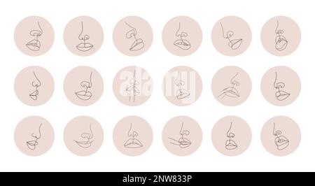 Linear female lips. Set of highlight covers for social media. Vector Illustration of elegant woman portraits in a trendy linear style. Beauty logo for Stock Vector