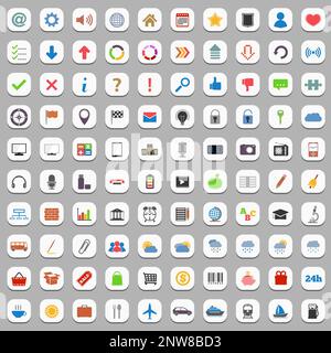 Collection of flat icons,  includes shopping, travel, weather, transport, navigation, electronics, education, security themes, web icons and arrows. V Stock Vector