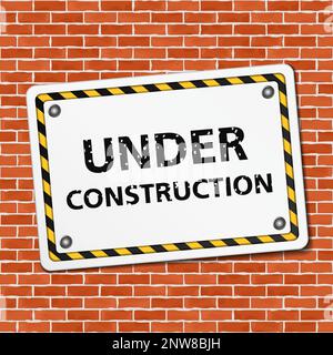 Under construction sign on brick wall, vector eps10 illustration Stock Vector