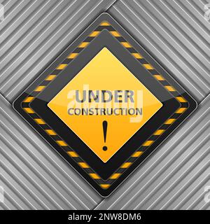 Under construction sign on striped metal background, vector eps10 illustration Stock Vector