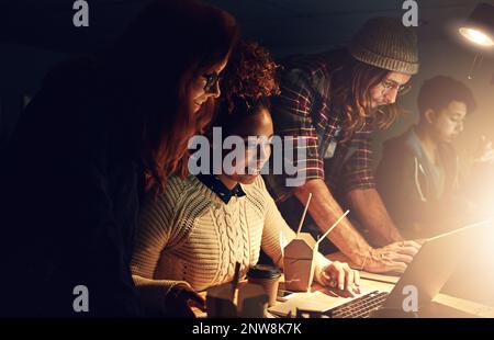 University teamwork, laptop or people work on website search for IT college, campus database research or project. Education learning, night school Stock Photo