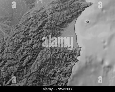 Yilan, county of Taiwan. Grayscale elevation map with lakes and rivers Stock Photo