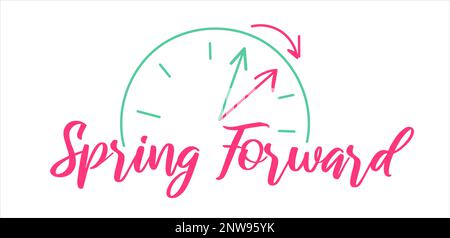 Daylight Saving Time Begins banner. Spring Forward. Reminder guide with clocks change one hour ahead. Vector illustration Stock Vector