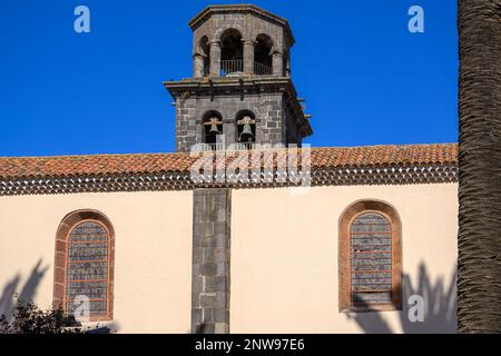 The bell tower of the Church of the Immaculate Conception from Plaza Doctor Olivera in San Cristobal de La Laguna, Tenerife. Stock Photo