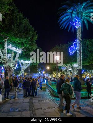 Crowds gather in Plaza del Adelantado in La Laguna, to see the Christmas lights and decorations. Stock Photo