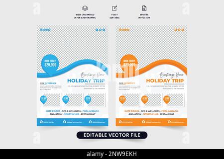 Creative travel agency advertisement flyer design with location pins and abstract shapes. Modern holiday trip planner business leaflet and poster vect Stock Vector